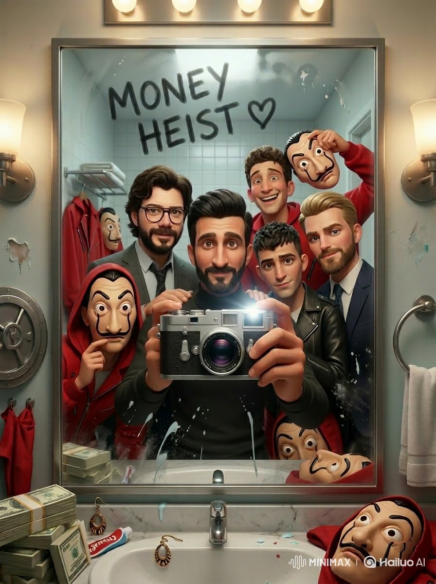 Cinematic mirror selfie scene inspired by a retro 80s sci fi...