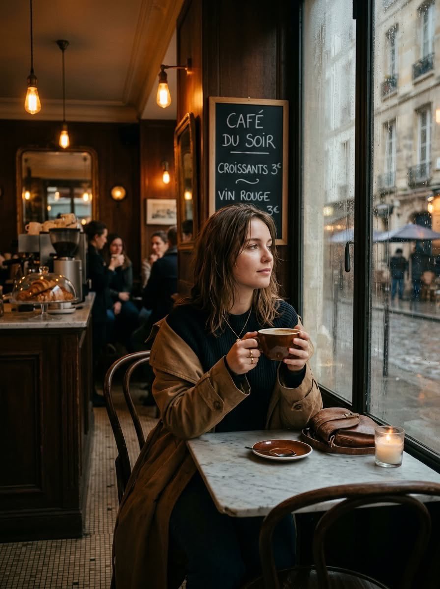 Cinematic photo of a young woman sitting alone in a cozy Pari...