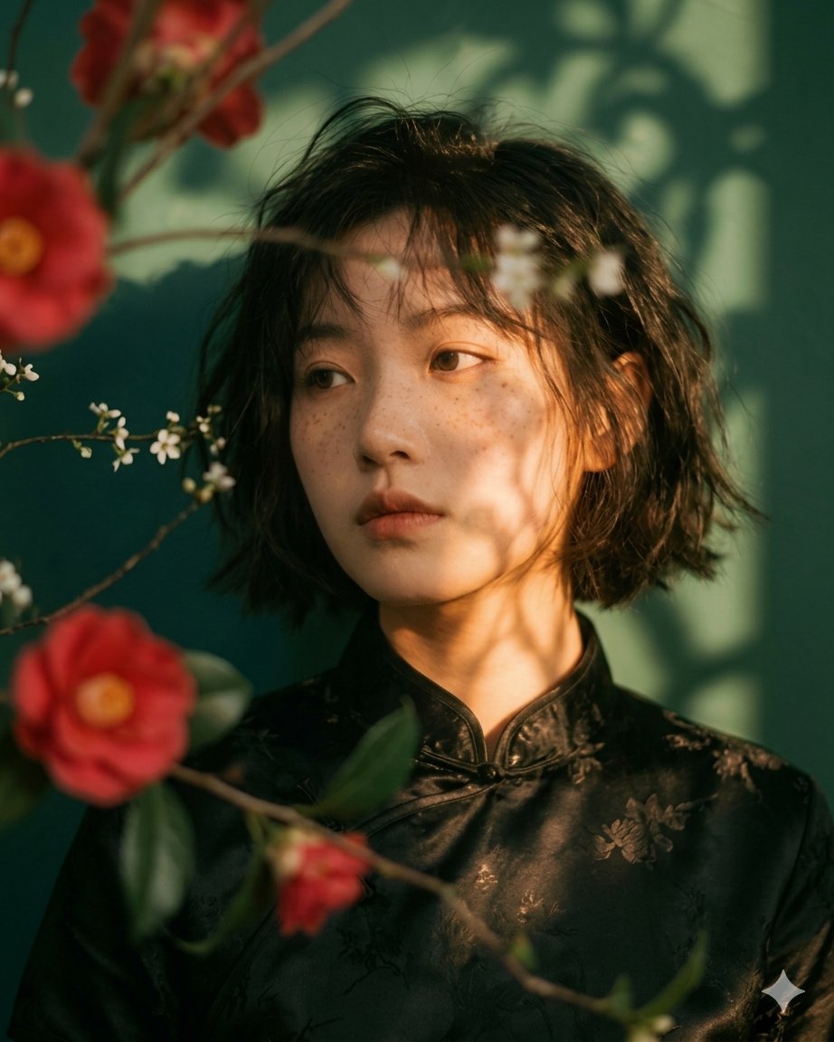 Artistic portrait of an elegant Asian woman wearing a black s...