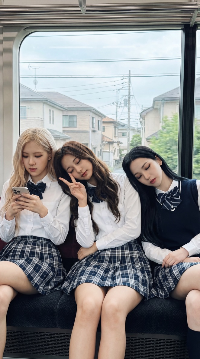 "prompt": "Three K pop idols sitting on a train. Left girl is...