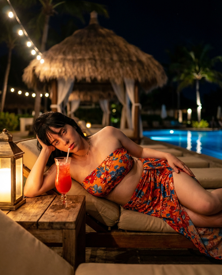 "prompt": "A woman relaxing poolside at a tropical resort at...
