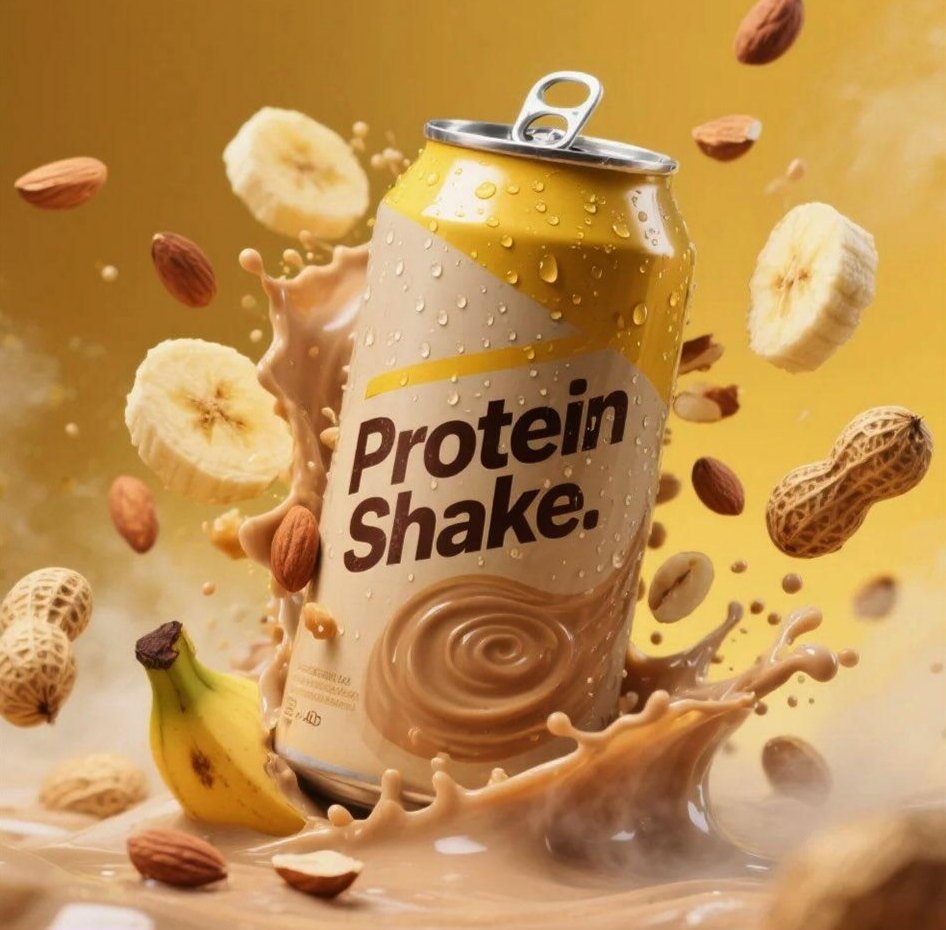 Hyper realistic product advertisement of a protein shake can...