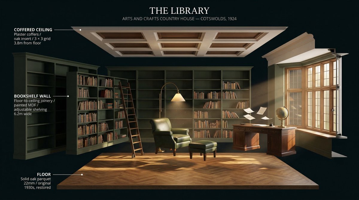 [ROOM TYPE] pulled apart in 3D, every surface and object floa...