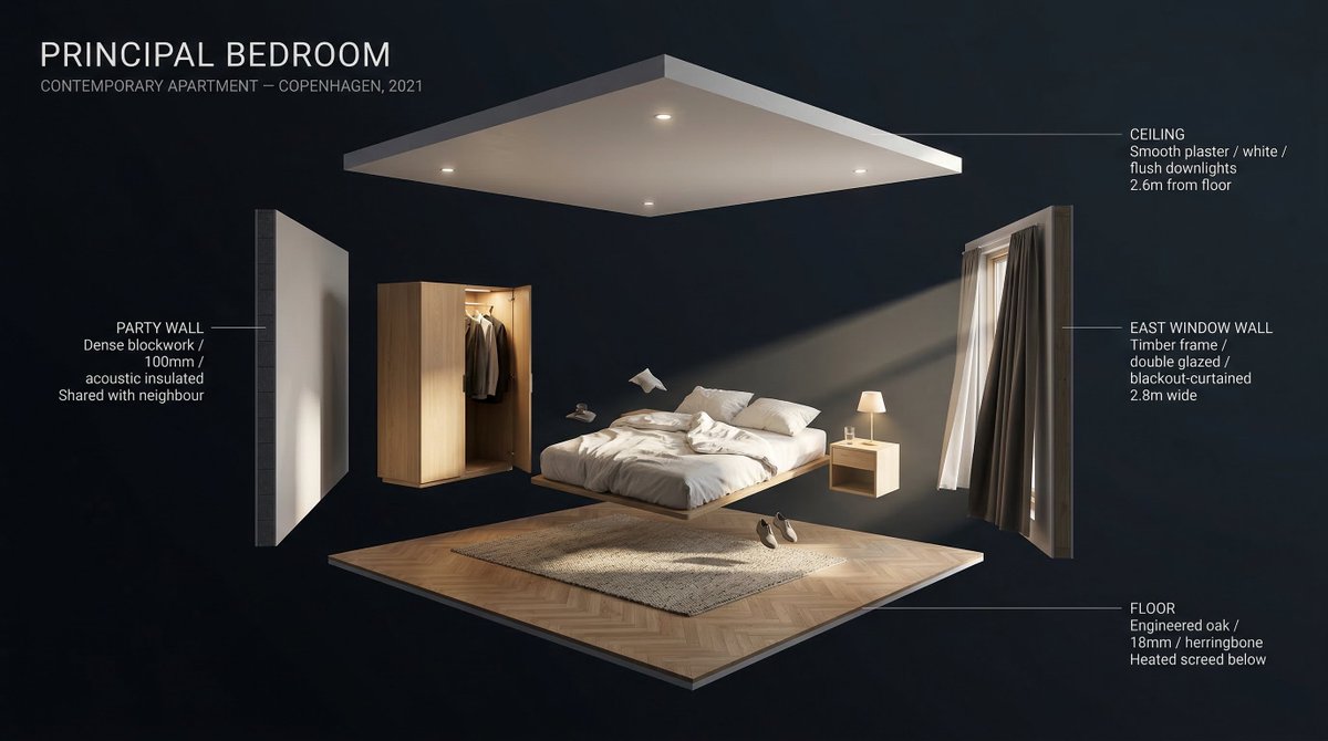 [ROOM TYPE] pulled apart in 3D, every surface and object floa...