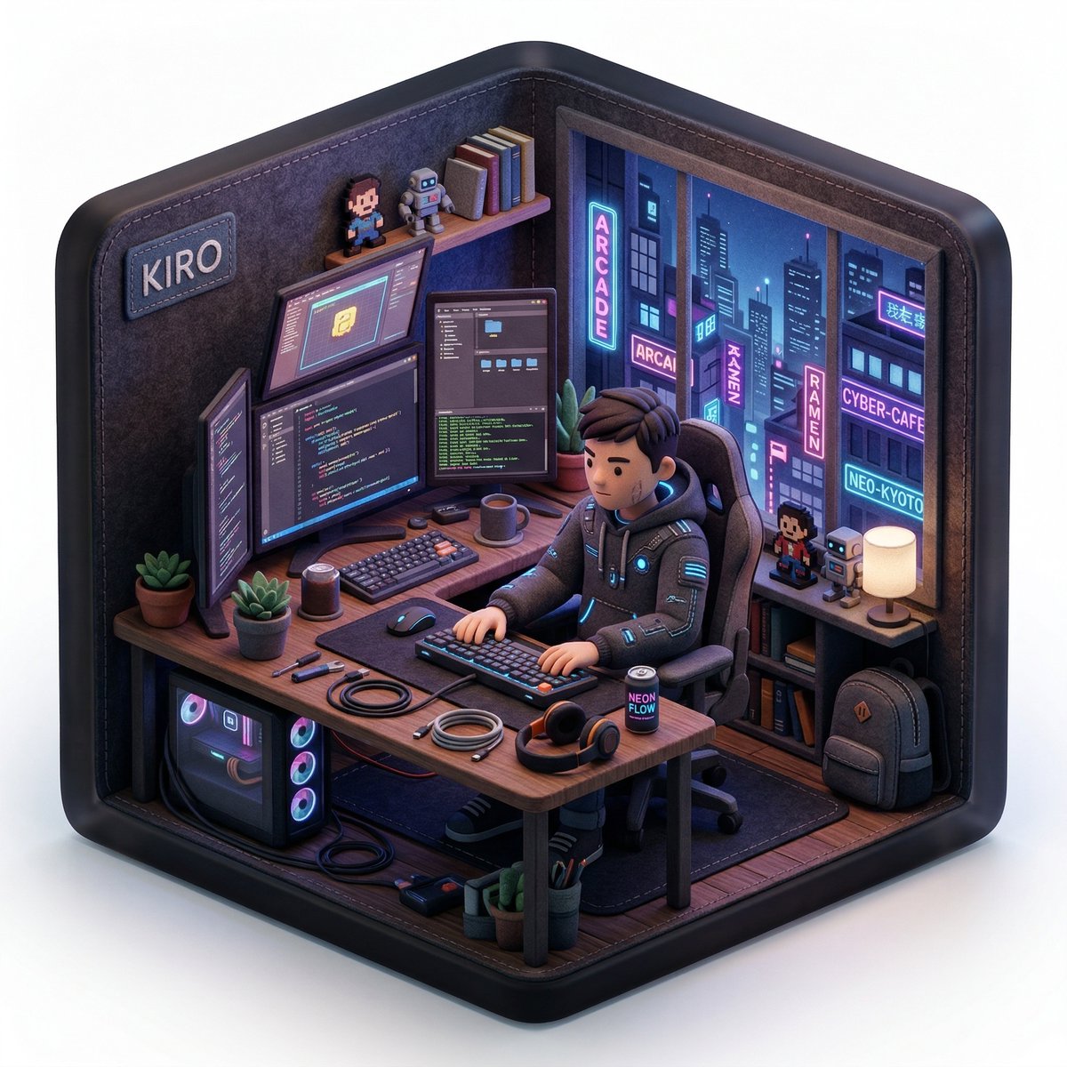 Create a 3D isometric diorama illustration of an original cha...