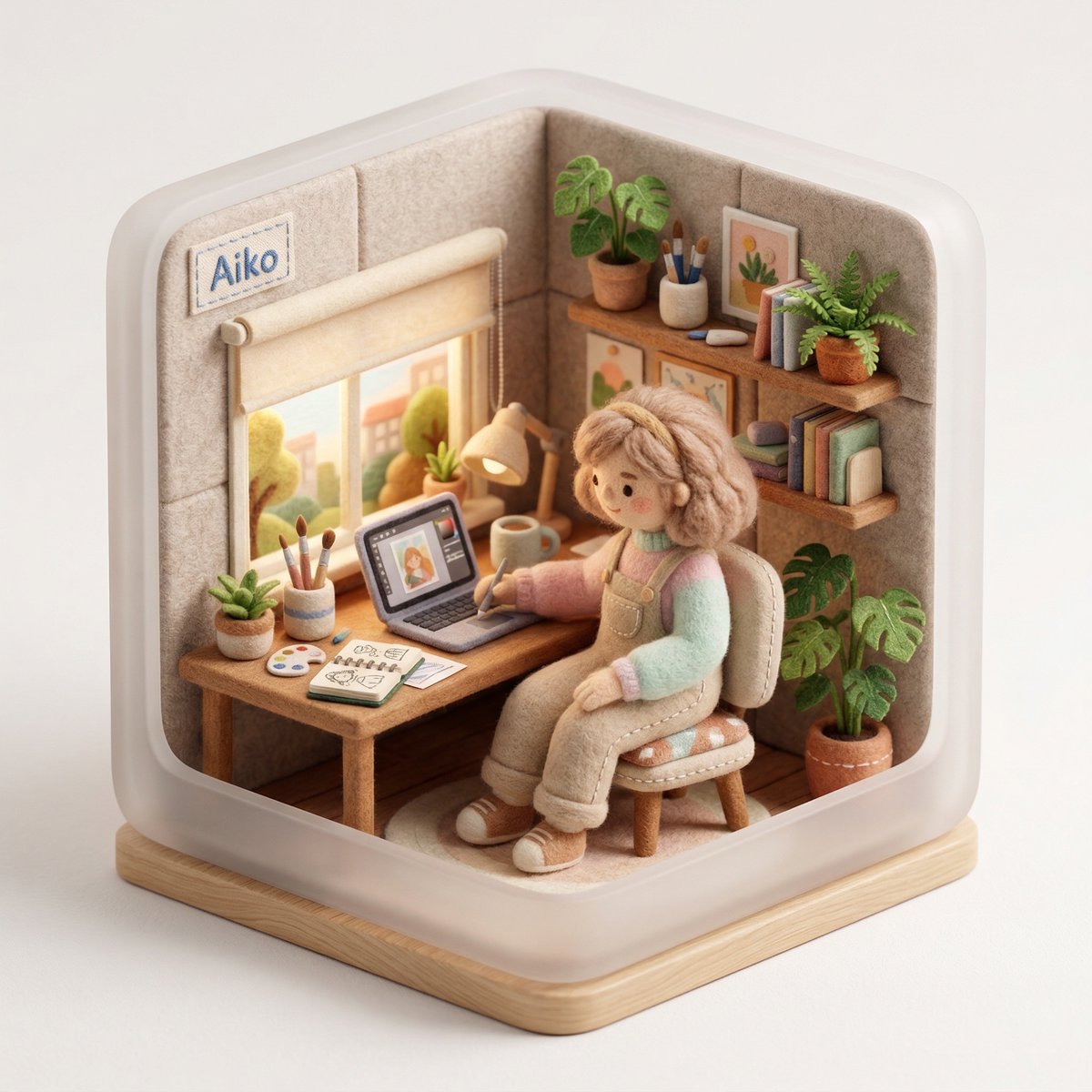 Create a 3D isometric diorama illustration of an original cha...