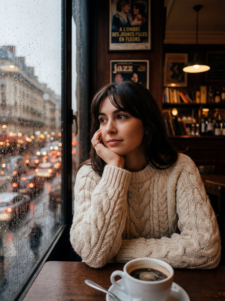 A cinematic, high resolution portrait of a young woman with d...