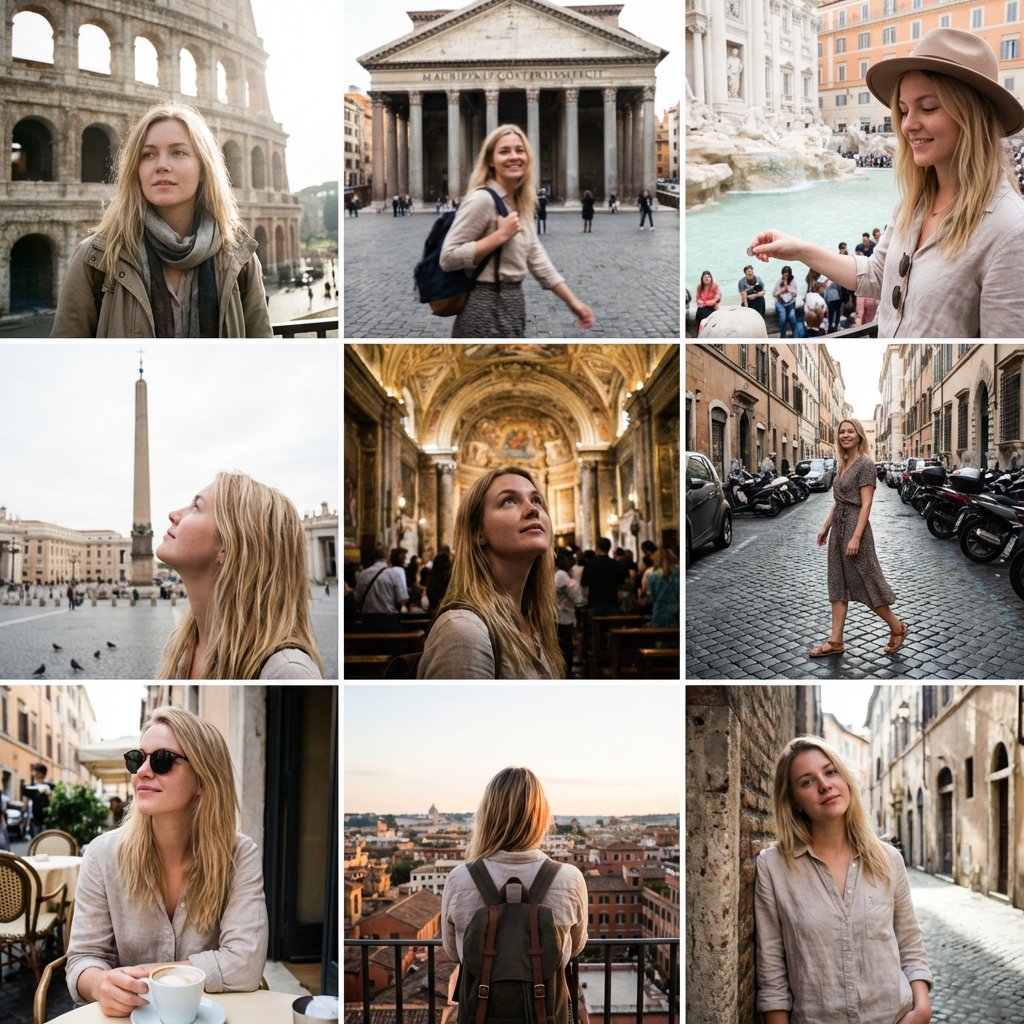 "Objective": "Create a 3x3 Instagram style grid of low qualit...