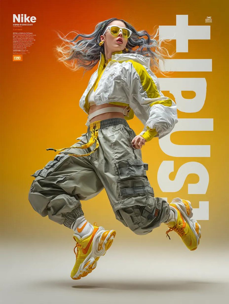 A dynamic fashion advertisement for Nike showing a hyper real...