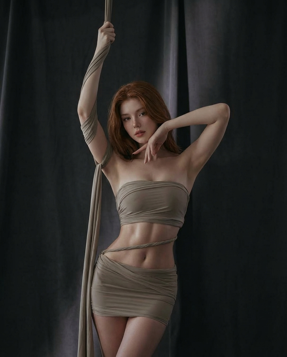 "scene": "A young woman posing indoors against dark curtains",