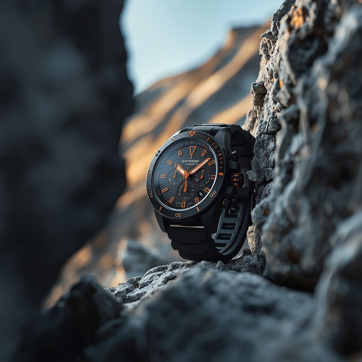 A rugged, matte black chronograph watch with bold orange acce...