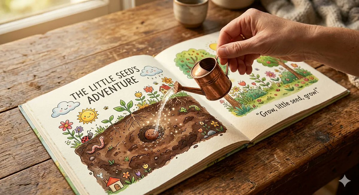 "prompt": "An open children’s picture book rests on a wooden...