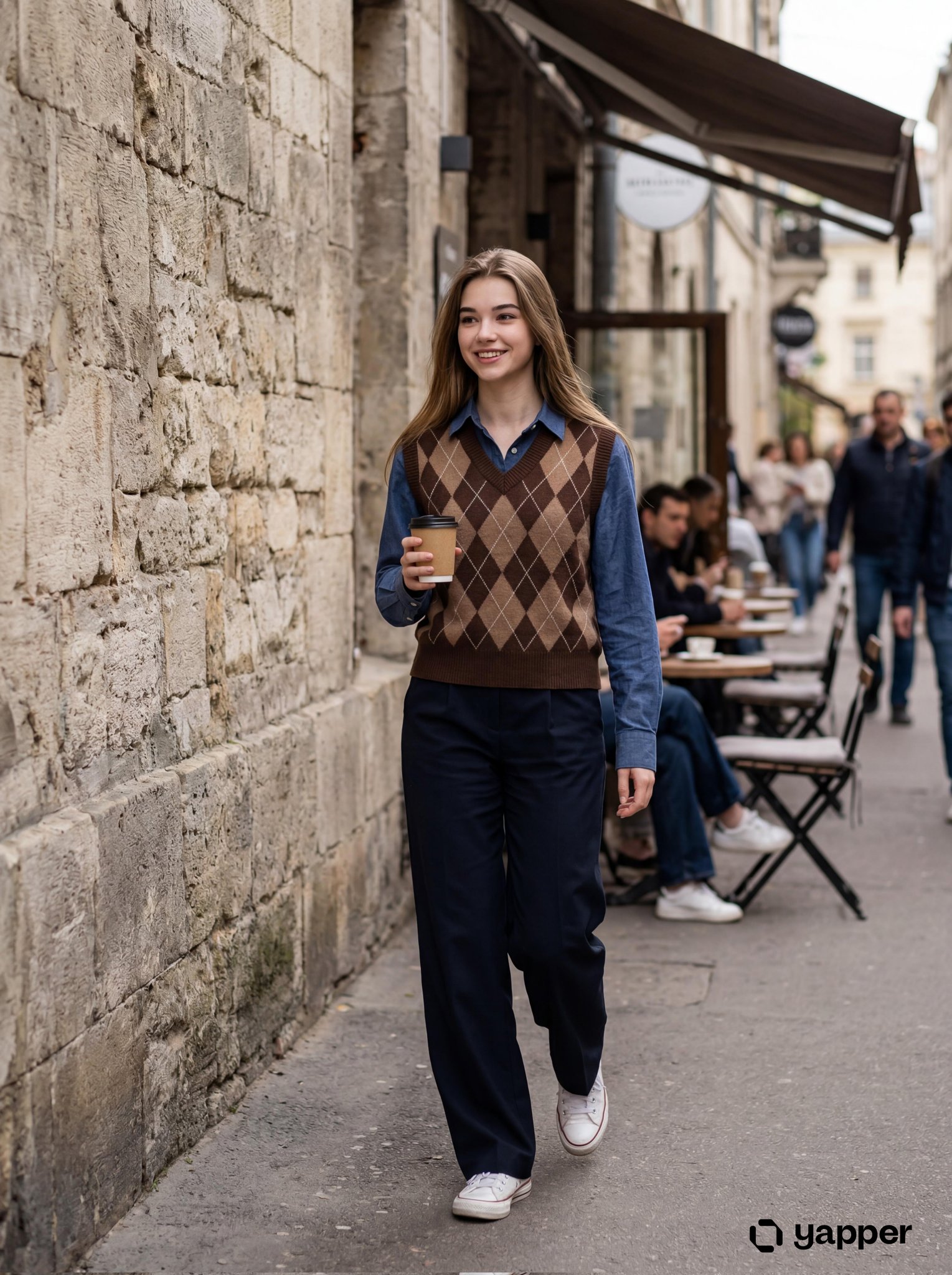 城市生活写实摄影:棕色菱格背心街拍场景与自然光感