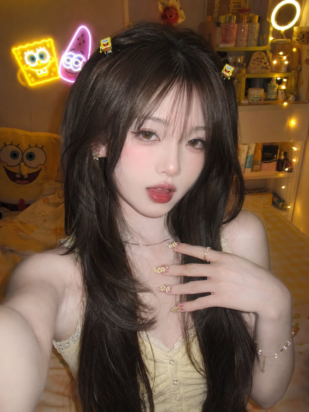 Generated using ChatGPTPrompt:Ultra-realistic late-night smartphone selfie, cute Korean-inspired g