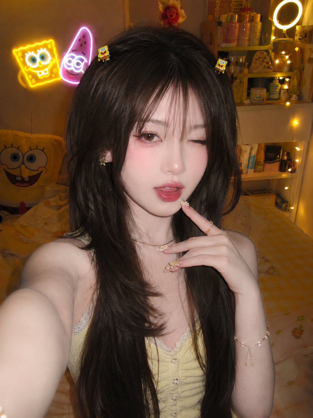 Generated using ChatGPTPrompt:Ultra-realistic late-night smartphone selfie, cute Korean-inspired g