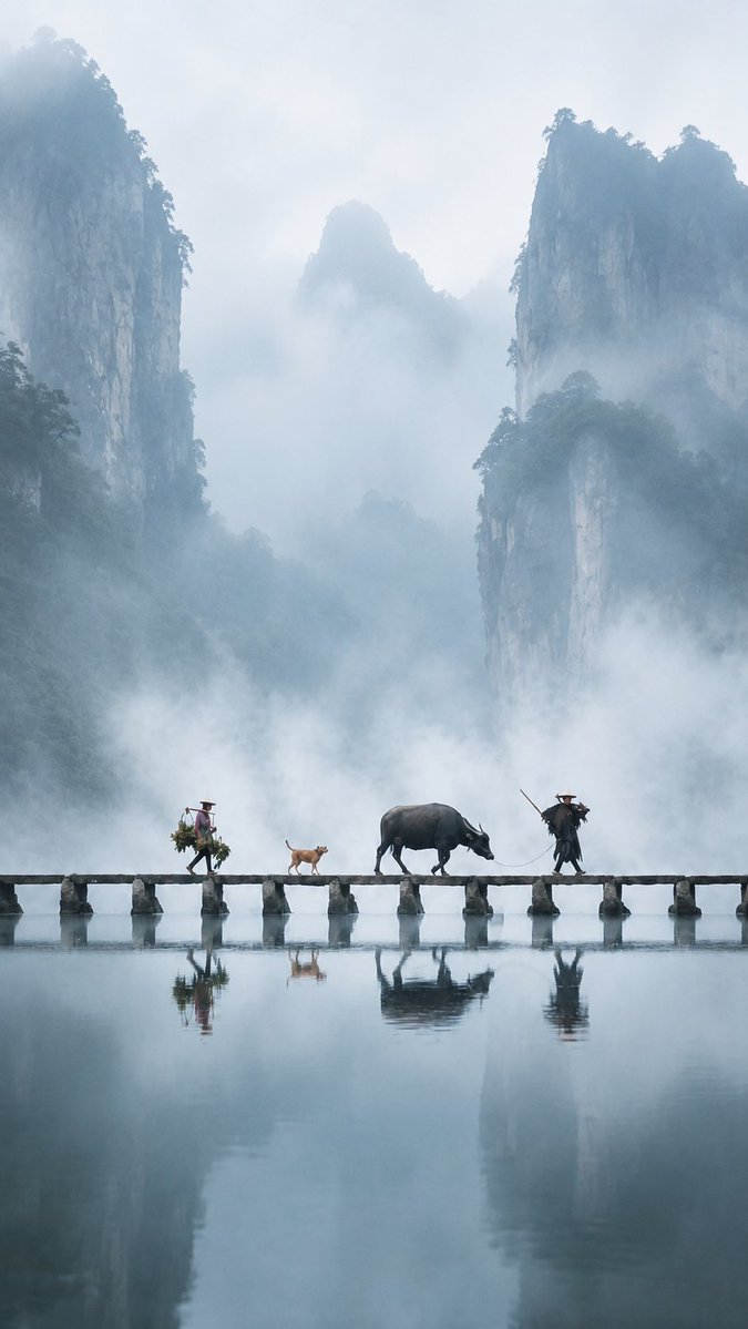 青色山水东方诗意场景