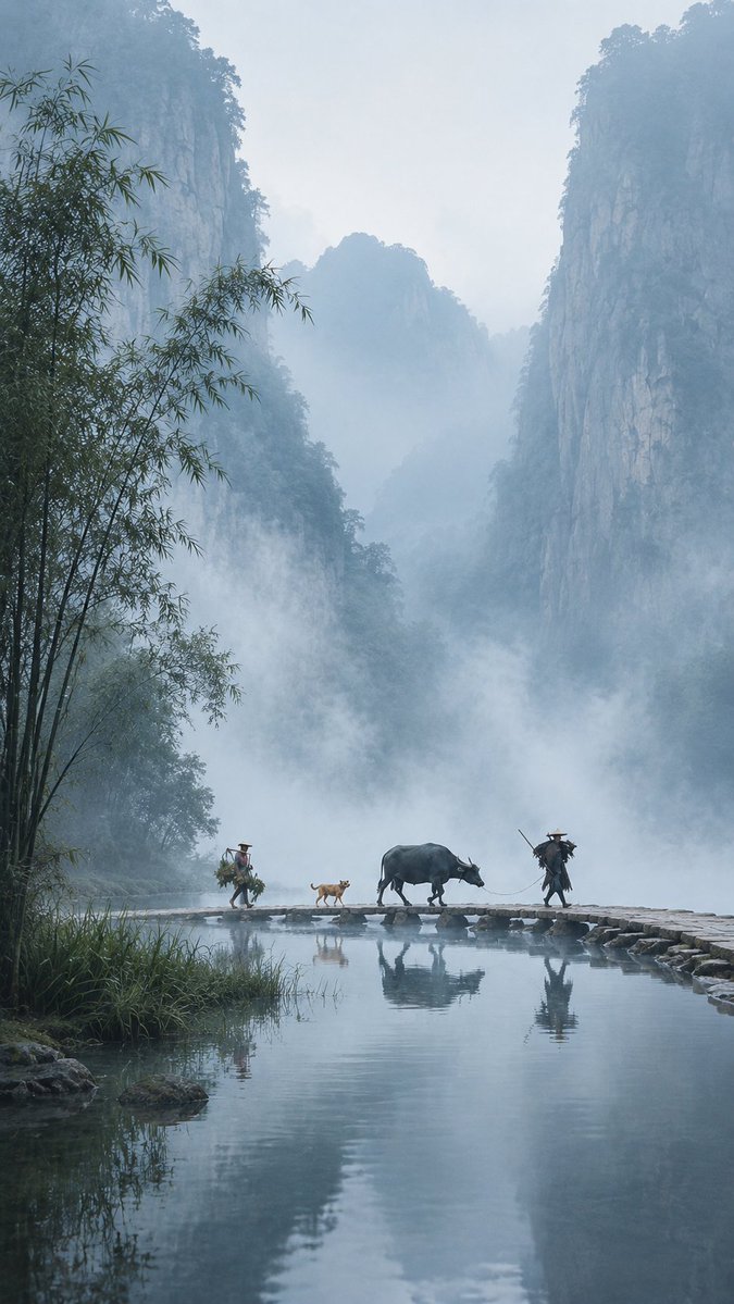 青色山水东方诗意场景