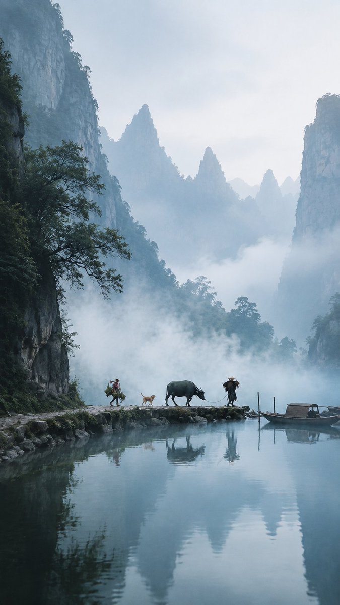 青色山水东方诗意场景