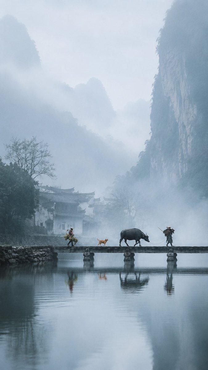 青色山水东方诗意场景