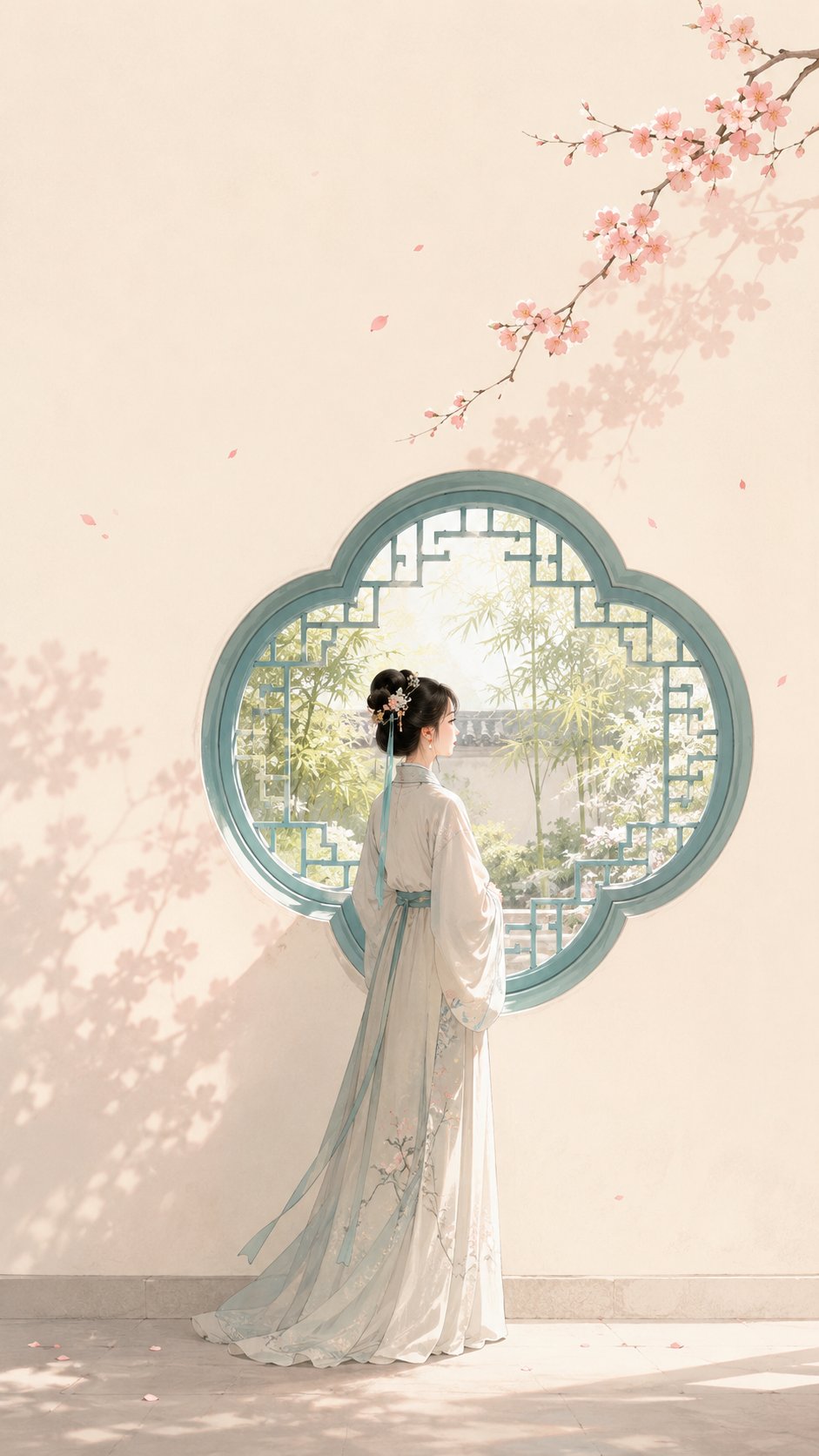 GPT Image 2 东方禅意极简人物海报：玉青花窗前的古风女性