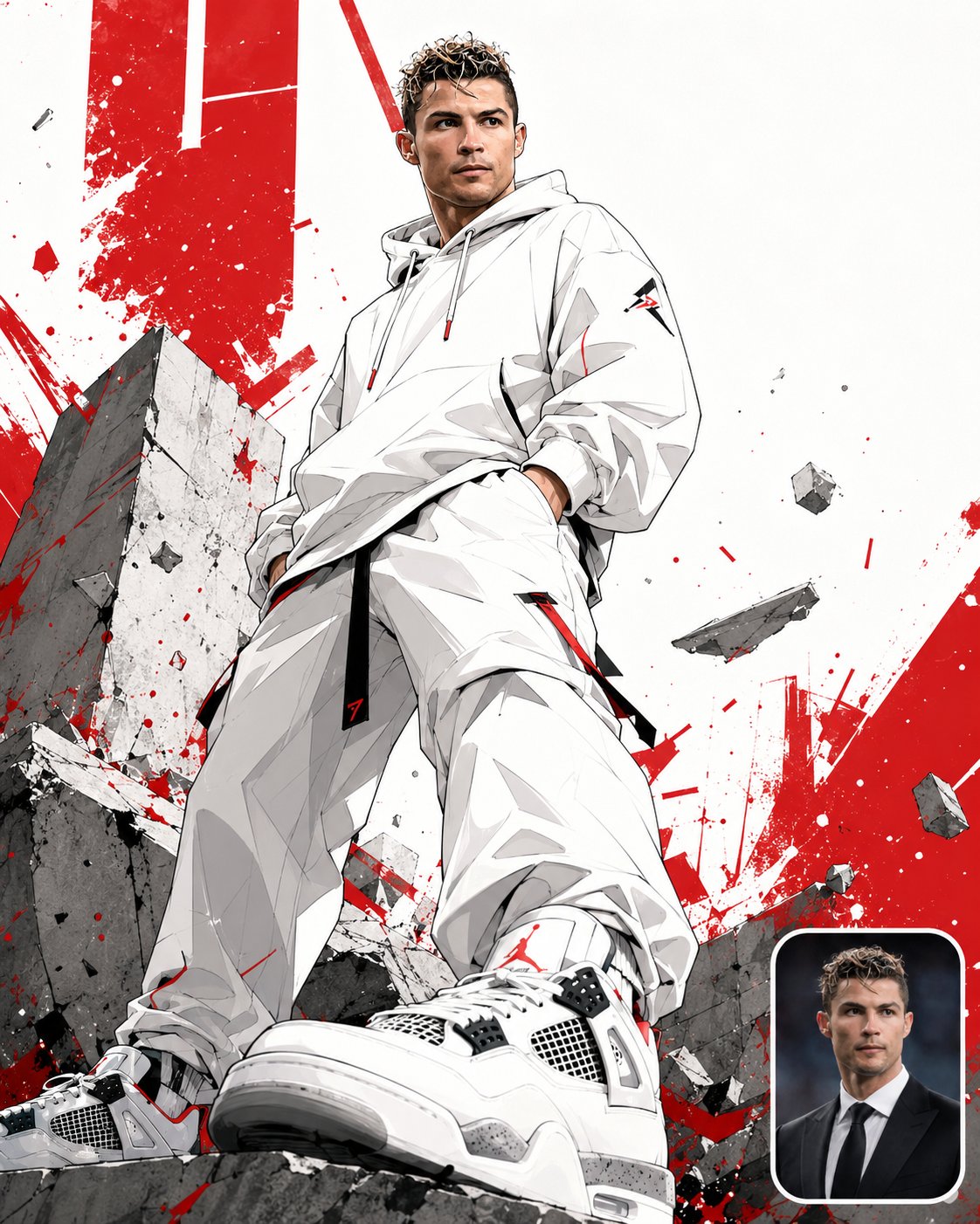 GPT Image 2 都市人物插画提示词：低机位全身构图，参考图置于底角