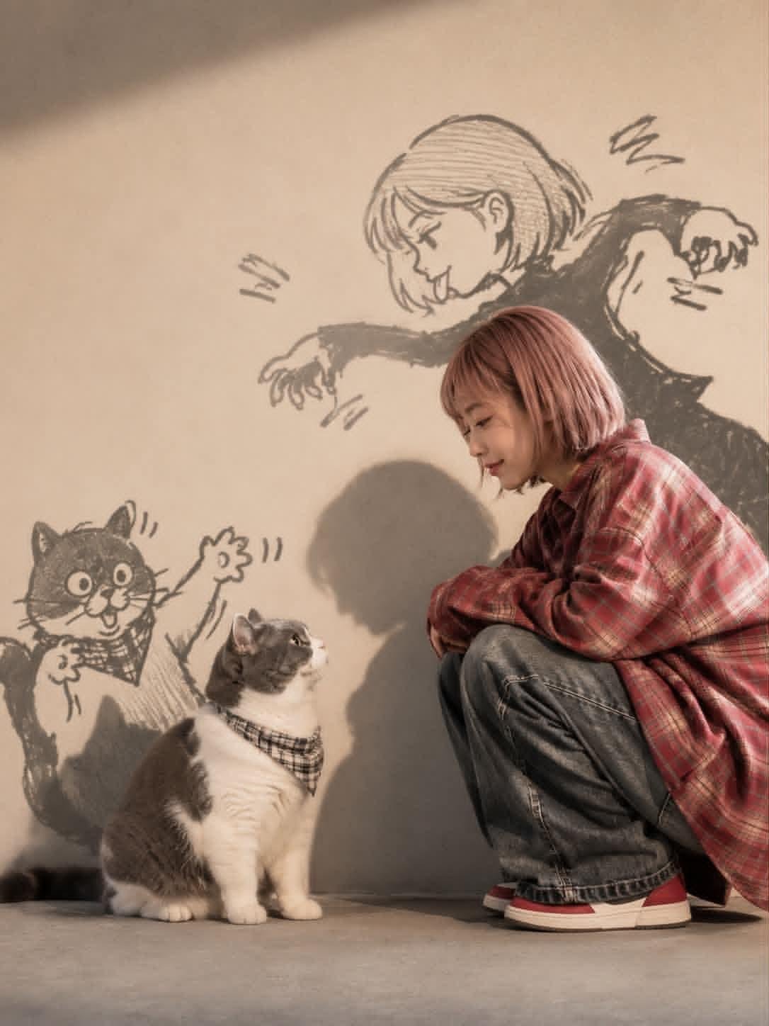GPT Image 2 温馨二次元生活肖像：女孩与猫的影子手绘涂鸦效果