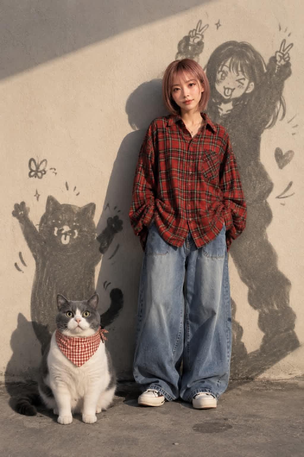 GPT Image 2 温馨二次元生活肖像:女孩与猫的影子手绘涂鸦效果