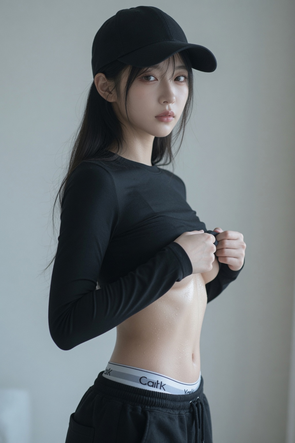 低机位仰拍的超写实运动时尚编辑人像提示词