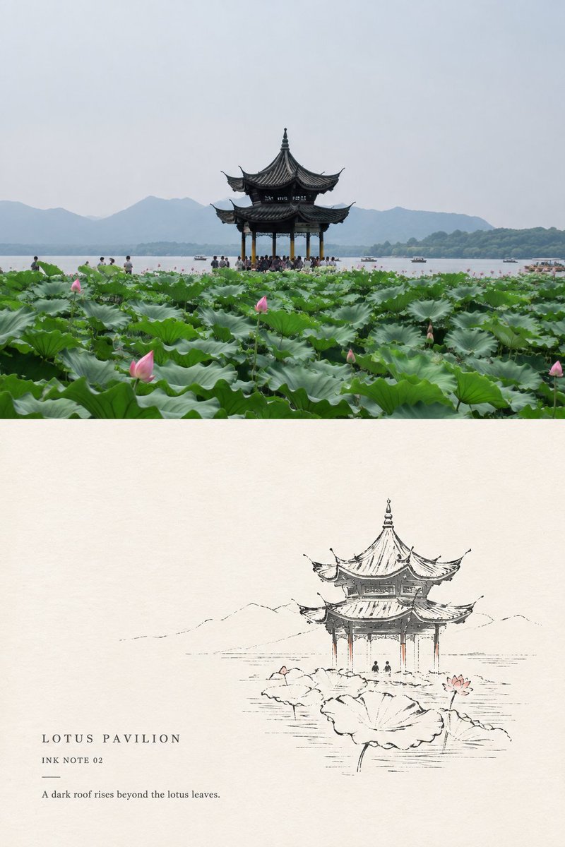 极简墨线风景小笺:旅行照片对比海报