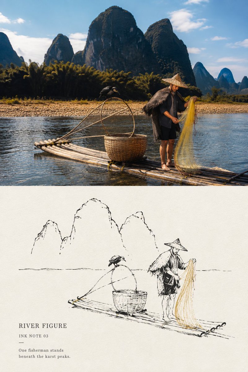 极简墨线风景小笺:旅行照片对比海报